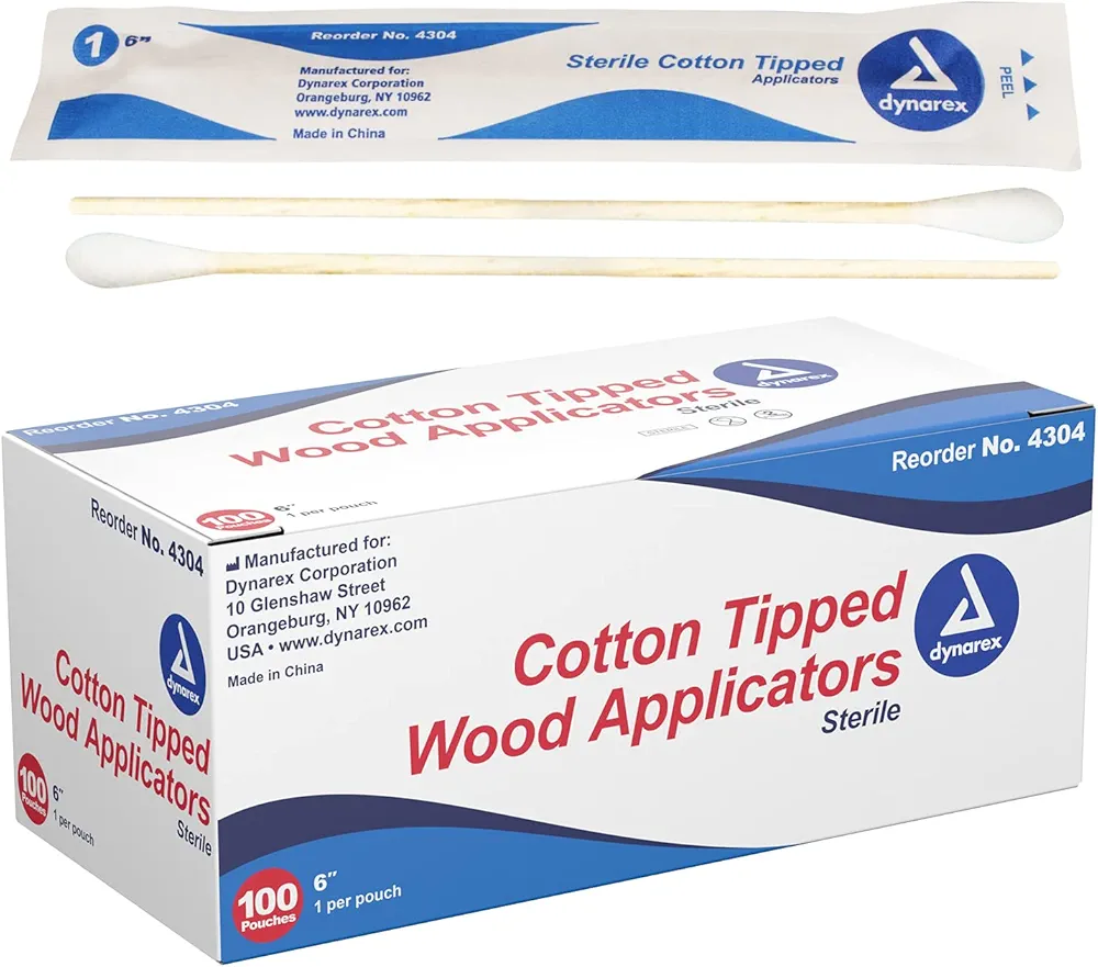 Dynarex 6-Inch Sterile Cotton Tipped Applicators - Single-Use Wooden Cotton Tip Applicators for Wound Care & Dressing, Hygiene, Makeup, Cleaning - 1 Box of 100 Pouches, 1 per Pouch