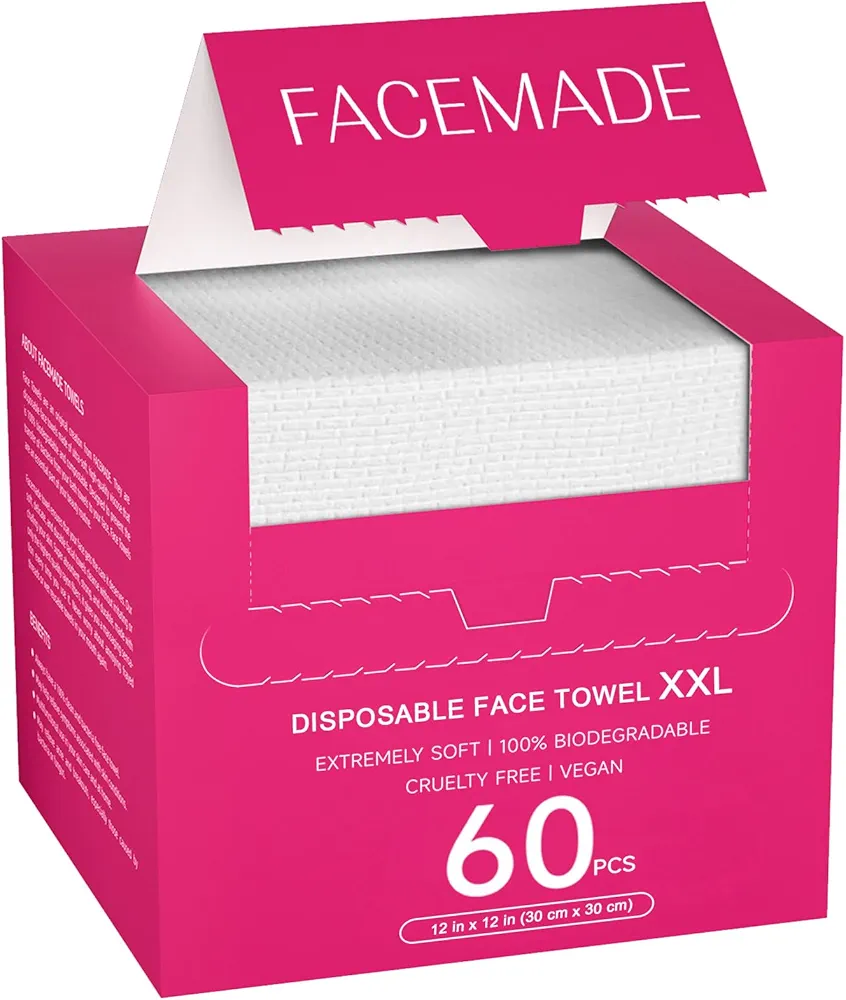 60 Ct Disposable Face Towels XXL, Face Towelettes for Makeup and Clean, Super Soft and Thick Dry Wipes, USDA Certified 100% Biobased, Rose