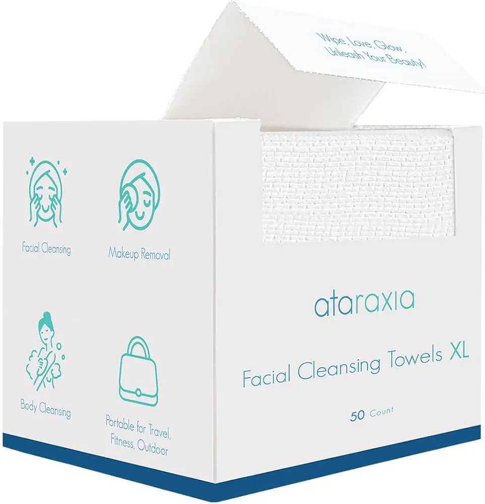 ataraxia Disposable Face Towels XL, Cotton Clean Towel for Face Travel Pack of 50, 10x12'' Extra Thick Soft Facial Cleansing Towelettes Wipes for Drying | Washing | Skin Care | Makeup Removing