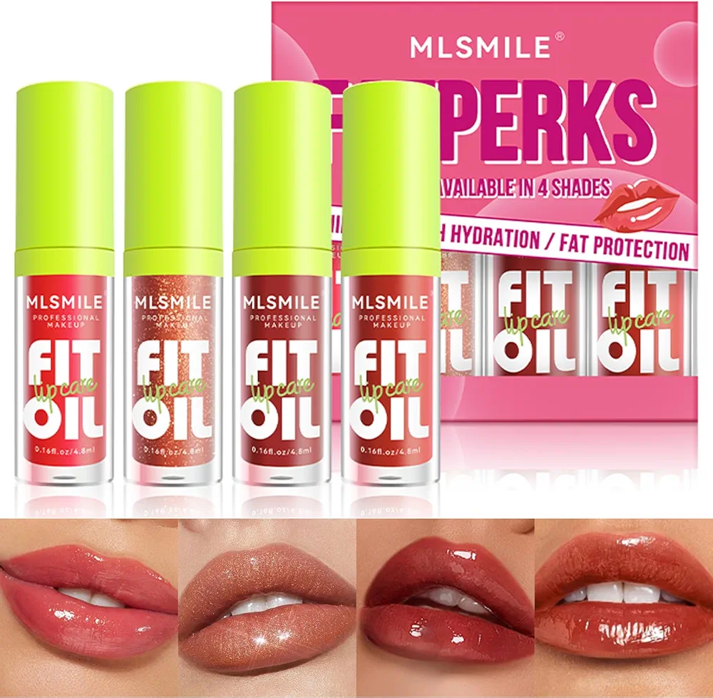 4 Colors Lip Oil Lip Glaze, Big Brush Head Hydrating Lip Glow Oil, Transparent Toot Tinted Nourishing Repairing Lightening Lip Lines & Long Lasting Fresh Clear Smooth Lip Care (Set B)