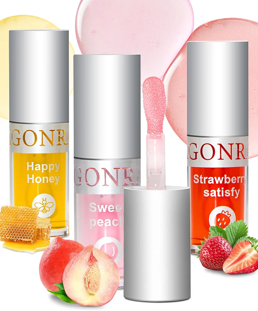 3Pcs Hydrating Lip Oil Set，Non-sticky Lip Oils Gloss Lip Balm Lip Care，Deeply Nourishing and Repairing Prevents Lips Chapped and Lighten Lip Lines(Honey，Peach，Strawberry)