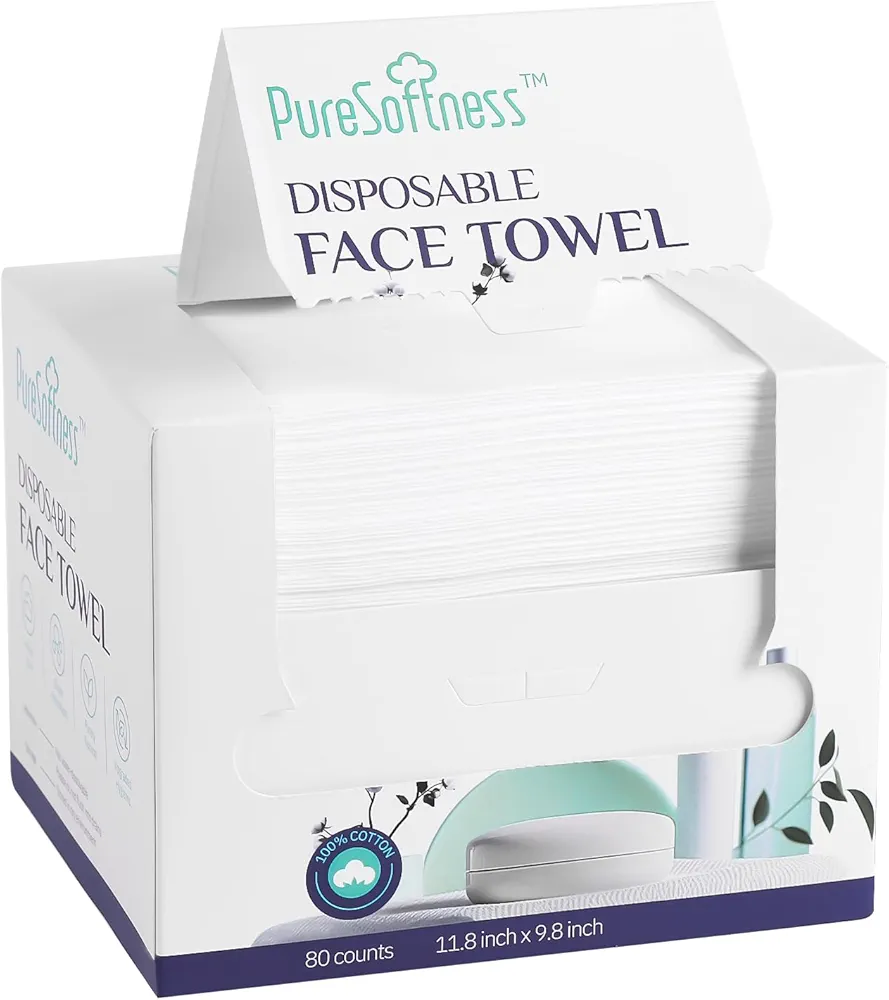 Disposable Face Towel, 100% Cotton, Extra Large 12" x 10", Soft Dry Wipe Face Wash, Makeup Remover, Biodegradable Towelette for Sensitive Skin 80 Count (1 Pack)