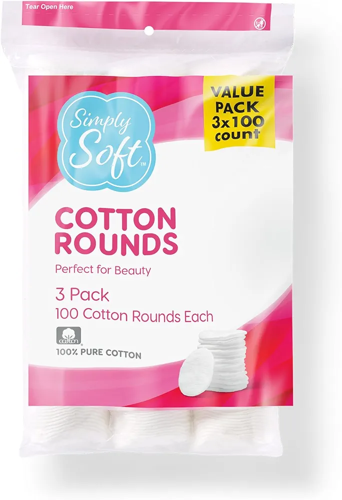 Medline Simply Soft Cotton Rounds (300 Count), 100% Cotton Absorbent and Textured Cotton Pads, Lint-Free