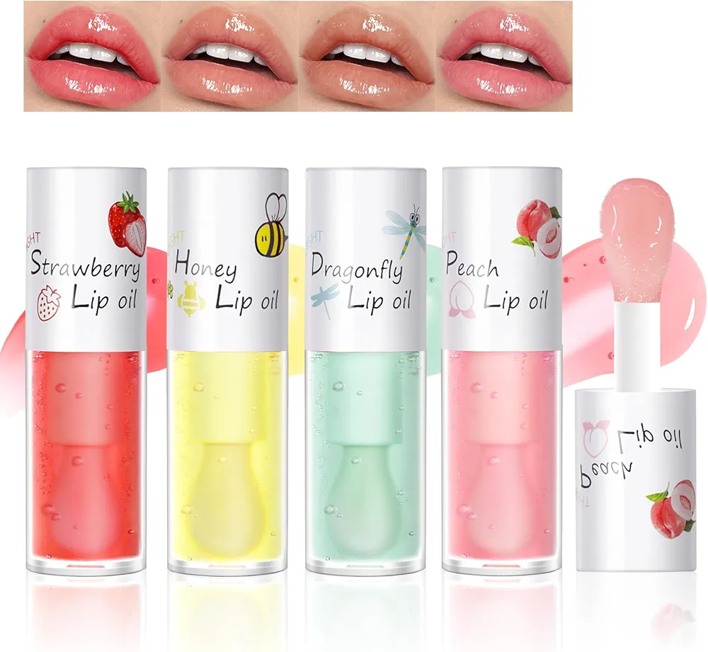 4 Pcs Crystal Jelly Lip Oil, Fruit Flavoured Hydrating Honey Lip Glow Oil Lip Care, Moisturizing Long Lasting Clear Lip Oil Plumping Lip Gloss Bee Balm for Dry Lips Makeup