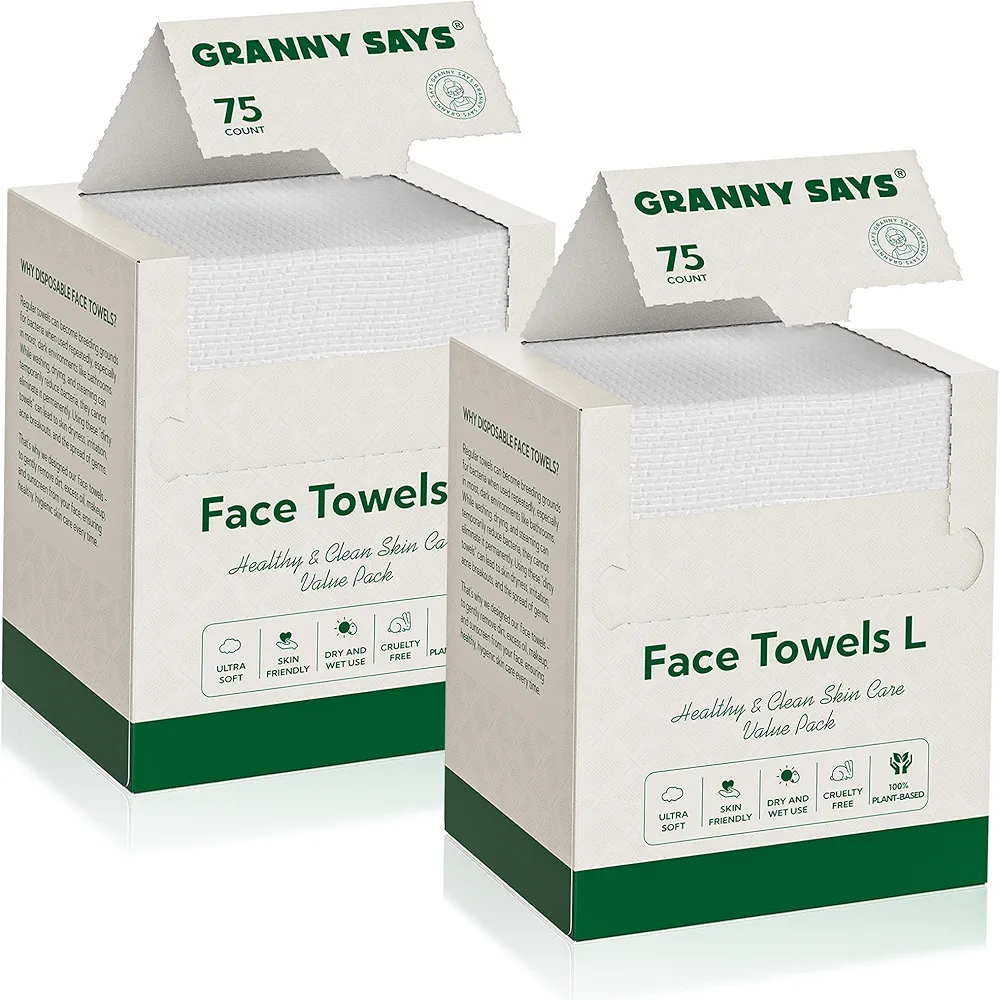 GRANNY SAYS Disposable Face Towel, 150 Count/2 Boxes, 10" x 8" Biobased Face Towels, Face Towelettes Disposable, Super Soft Facial Towels for Sensitive Skin, Travel, Makeup Remover