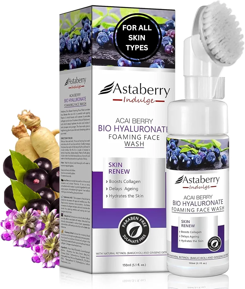 Acai Berry Foaming Face Wash Daily Facial Cleanser | Hyaluronic Acid, Silicon Exfoliating Scrub Brush | Anti Aging, Hydrating, Acne, Dark Spot Control for Sensitive Dry Oily Skin