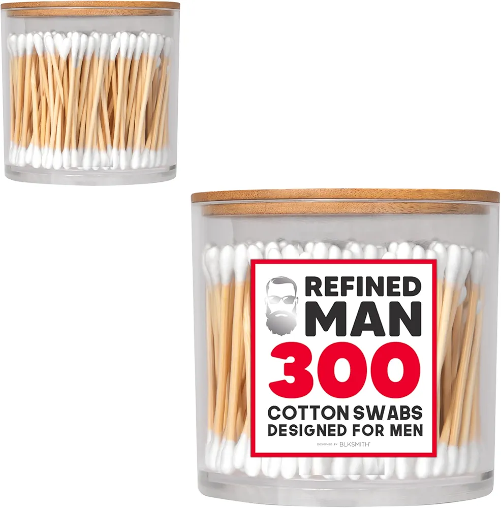 BLKSMITH Refined Man 300 Cotton Swabs for Hygiene with Acrylic Jar Organizer - Premium Cotton Swabs for Ears, Durable Wooden Cotton Swab Storage Solution - Designed for Men