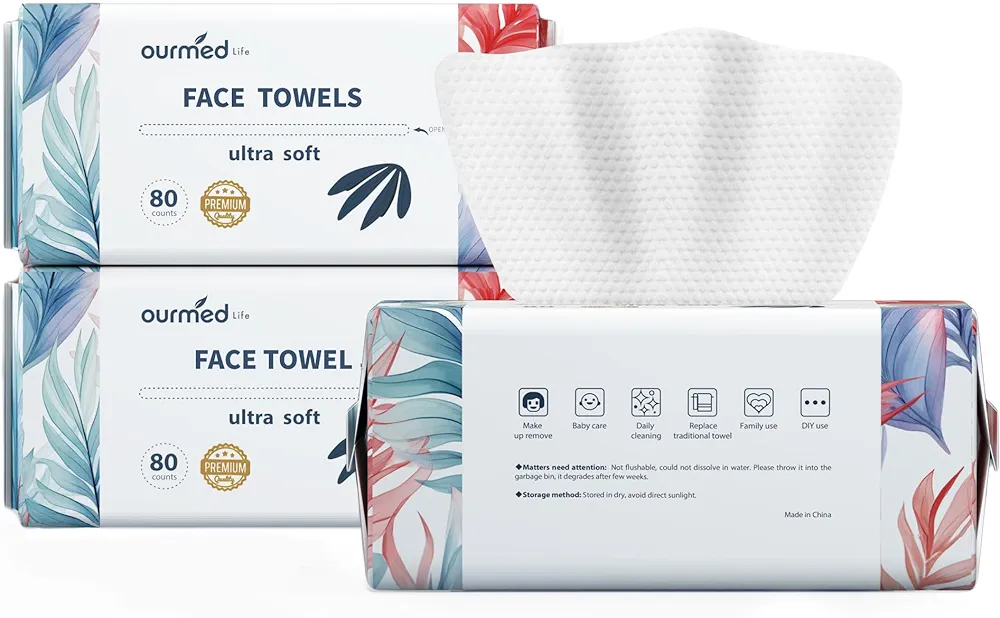 Ourmed Life Face Towels - Ultra Thick Disposable USDA Biobased Facial Clean Wash Cloth for Sensitive Skin, Lint- free Facial Tissue for Cleansing, Skincare and Makeup Remover, Dry Wipes, 240 count