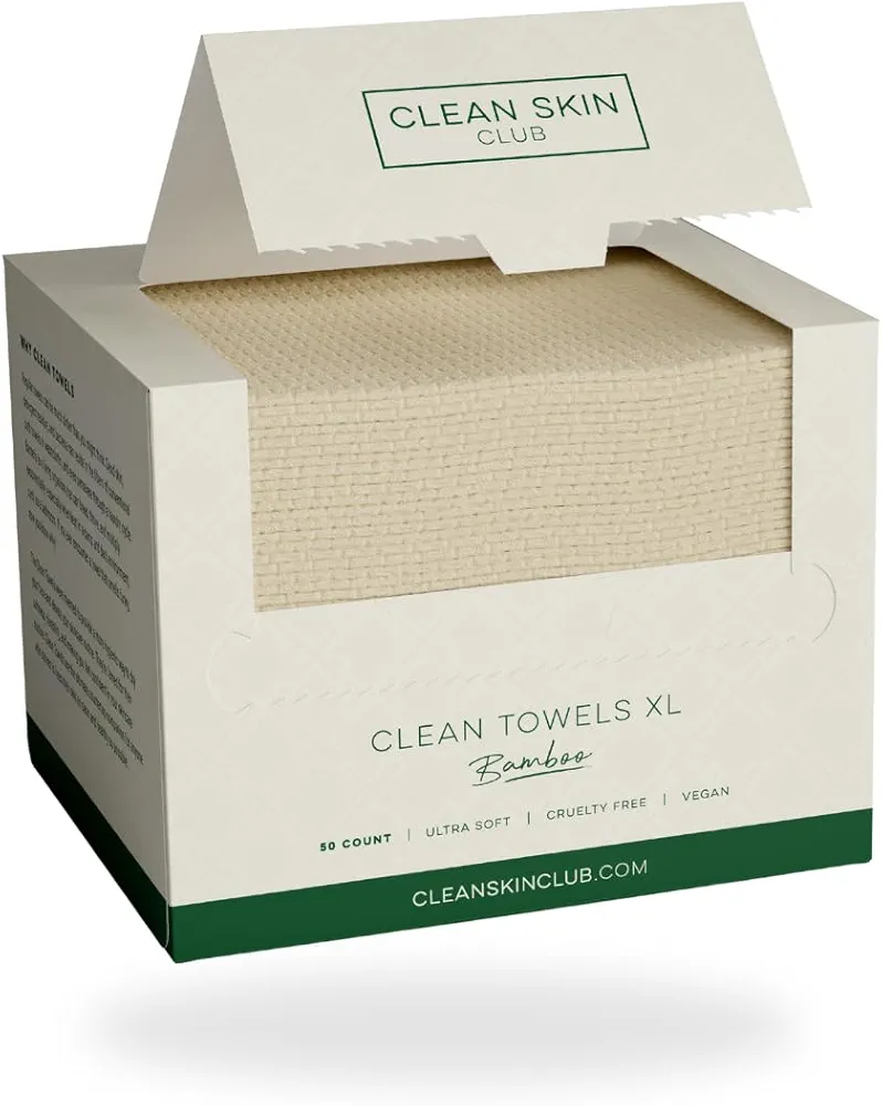 Clean Skin Club Bamboo Viscose Clean Towels XL, World 1ST Biodegradable Face Towel, Disposable Dry Makeup Removing Wipes, Super Soft for Sensitive Skin (50 Count/Single Box)