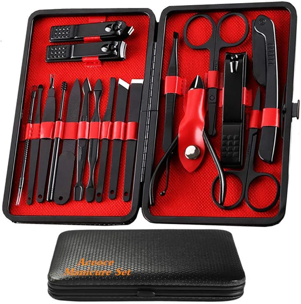 Manicure Set Men, Manicure Set Professional 18 Pcs Mens Grooming Kits Aceoce Stainless Steel Nail Care Tools with Luxurious Travel Case Pedicure Kit Gifts