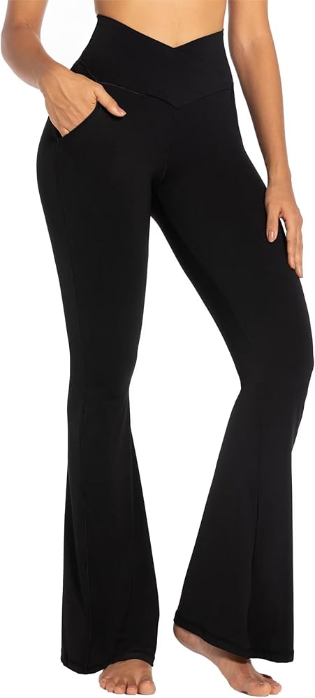 Sunzel Flare Leggings for Women with Pockets, Crossover Yoga Pants with Tummy Control, High Waisted and Wide Leg