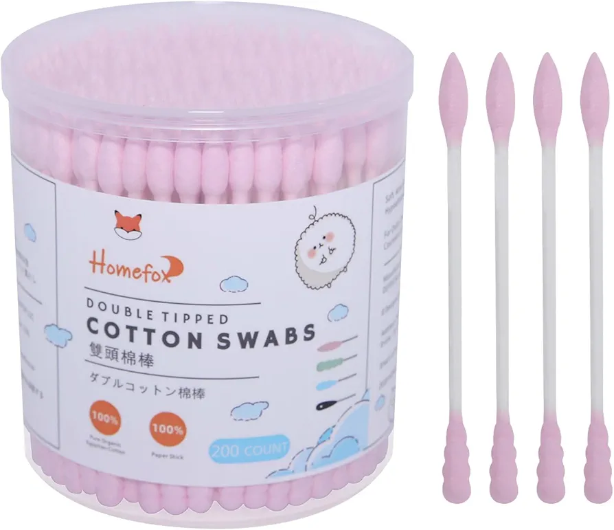 Pink Cotton Swabs Spiral Pointed - 200 Count Organic Cotton Buds Double Side Tightly Wrapped Precision Cotton Tips Paper Stick Soft Gentle Lint-Free Cruelty-Free, Spiral & Pointy (Pink)