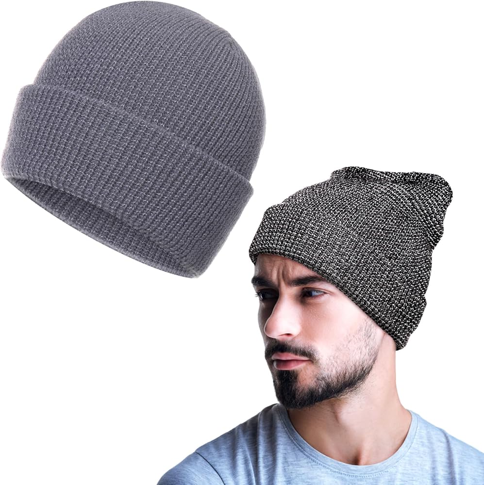 Geyoga Reflective Beanie Hat High Visibility Warm Winter Loop Knitted Cap Reflective Warm Cuffed Hat for Women Men