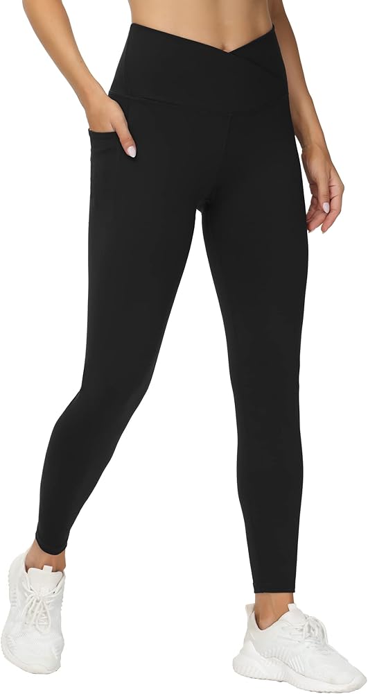 THE GYM PEOPLE Women's V Cross Waist Workout Leggings Tummy Control Running Yoga Pants with Pockets