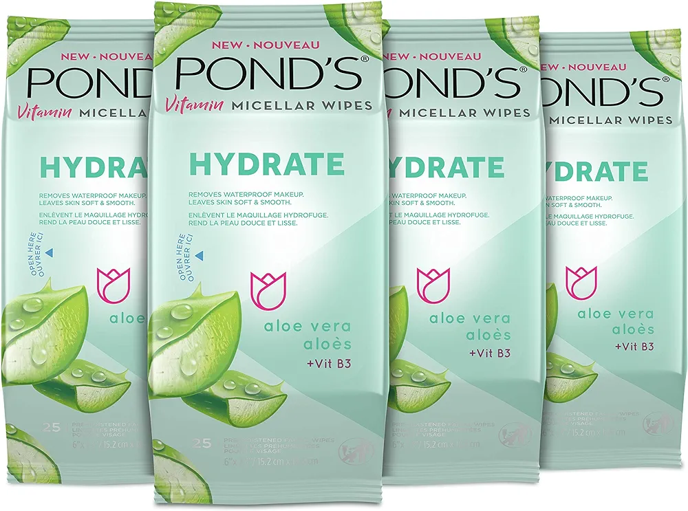 POND'S Vitamin Micellar Makeup Remover Wipes for Dry Skin, Skin Care Hydrating Aloe Vera Daily Face Wipes Remove Dirt, Waterproof Makeup, 25 Count, 4 Pack