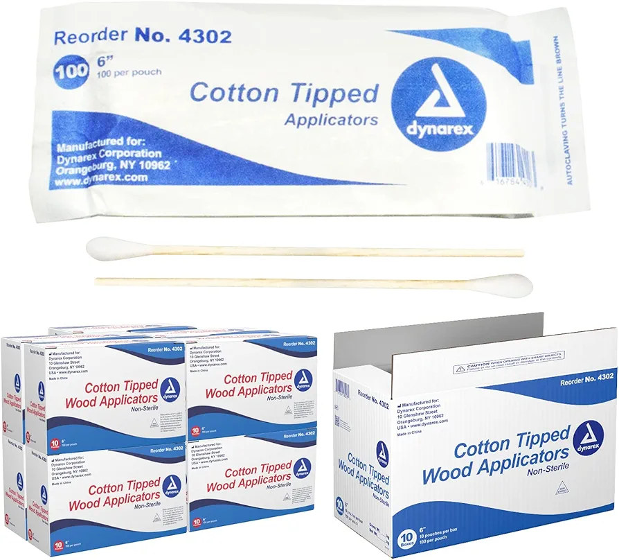 Dynarex 6-Inch Non-Sterile Cotton Tipped Applicators - Single-Use Wooden Cotton Tip Applicators for Wound Care, Dressing, Hygiene, Makeup, Cleaning, Jewelry - 1000 per Box, 10 Boxes