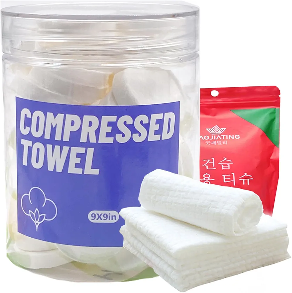 40PCS Compressed Towels, Disposable Face Compressed Towels, Soft Compressed Hand Wipe, Portable Compressed Coin Tissue for Travel/Home/Outdoor Activities（9X9in）