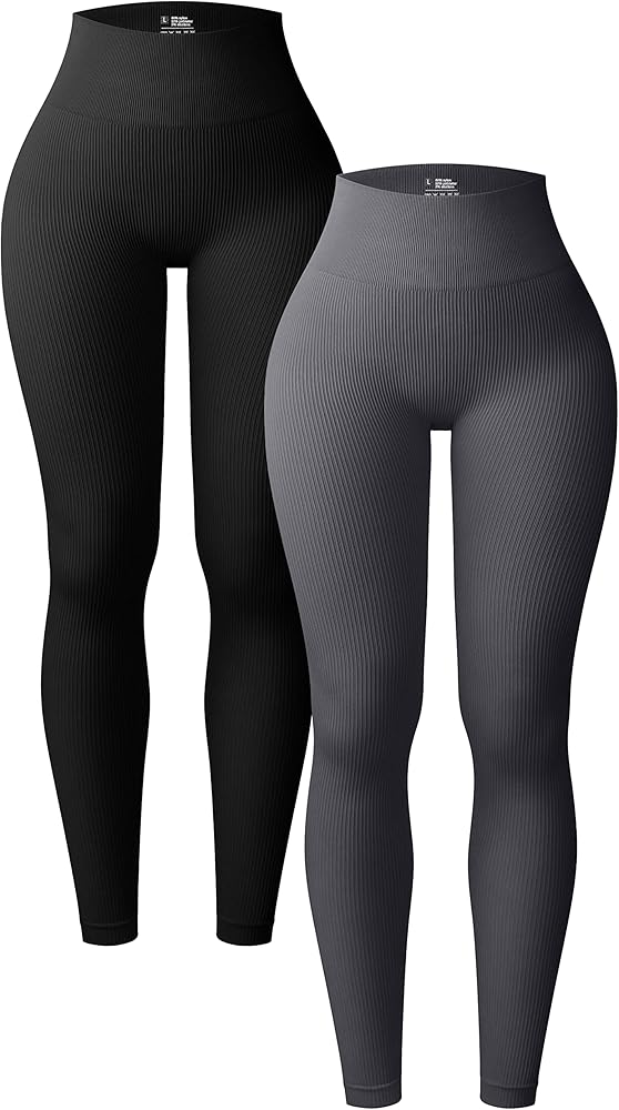 OQQ Women's 2 Piece Yoga Leggings Ribbed Seamless Workout High Waist Athletic Pants