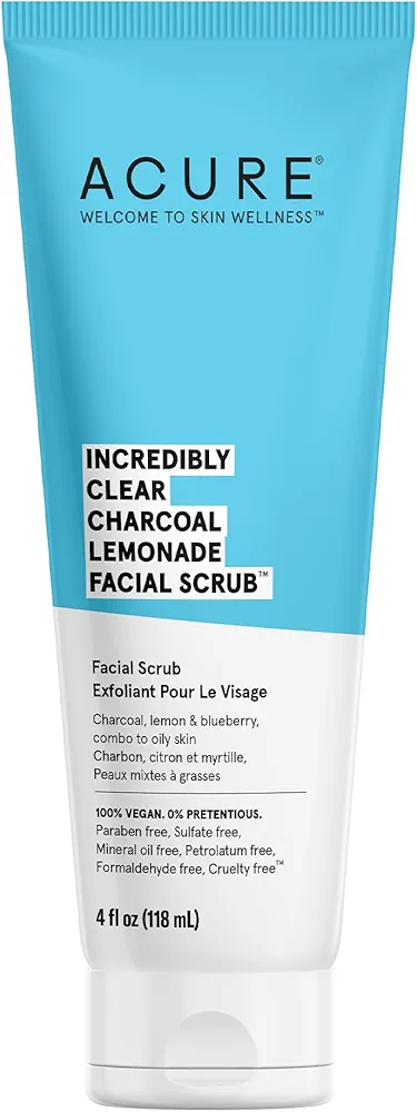 ACURE Incredibly Clear Charcoal Lemonade Facial Scrub -Deep Face Wash Cleansing, Gentle Exfoliates & Detoxifies with Charcoal Scrub, Lemon & Blueberry -For Oily to Normal & Acne Prone Skin, 4 Fl Oz