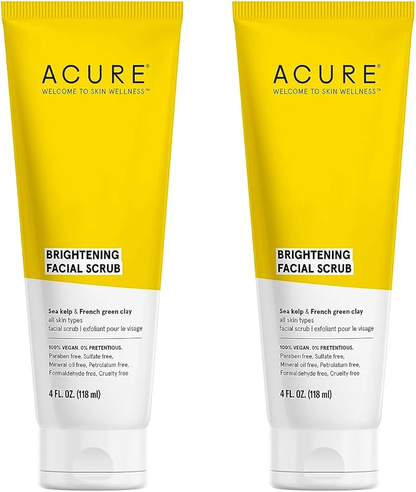 Acure Brightening Facial Scrub Duo Pack - 4 Fl Oz Each - 2 Pack - All Skin Types, Sea Kelp & French Green Clay - Softens, Detoxifies and Cleanses