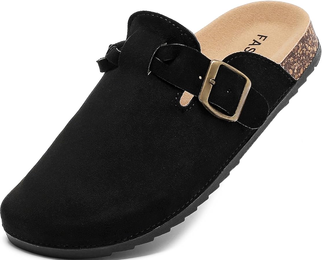 Women's Suede Clogs Mens Leather Mules Comfort Cork Footbed Sandals with Arch Support and Adjustable Buckle