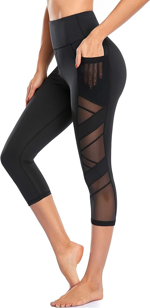 Women's Mesh High Waist Leggings Yoga Pants with Pockets Tummy Control 4 Way Stretch Workout Yoga Leggings