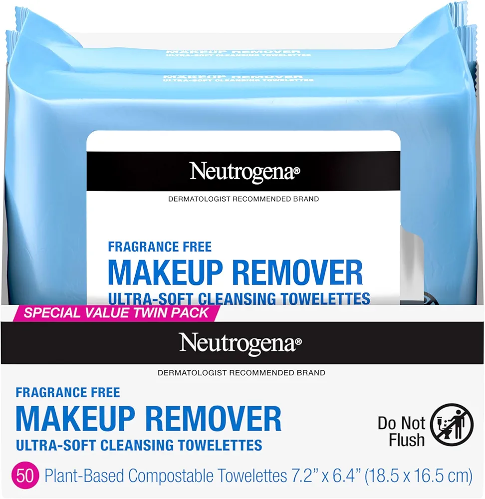 Neutrogena Cleansing Fragrance Free Makeup Remover Face Wipes, Cleansing Facial Towelettes for Waterproof Makeup, Alcohol-Free, Unscented, 100% Plant-Based Fibers, Twin Pack, 2 x 25 ct