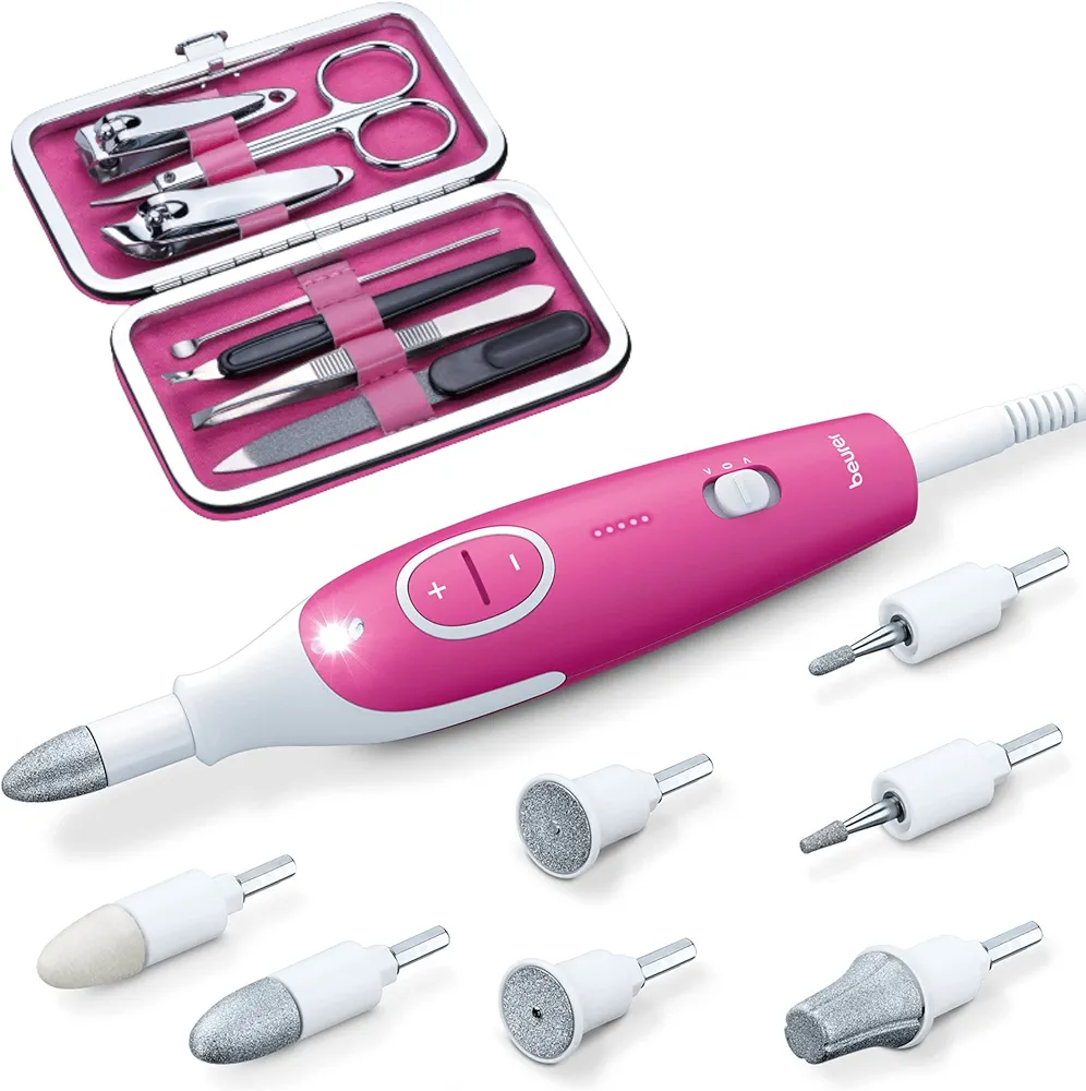 Beurer MP44 Professional Manicure and Pedicure Nail Drill Set, E-File with 7 attachments, LED Light, Electric Nail File with Additional Manual Nail kit, Pink