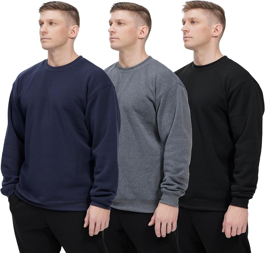 Men's Casual Crewneck Sweatshirt 3 Pack Fleece Long Sleeve Basic Pullover Sweatshirt for Men