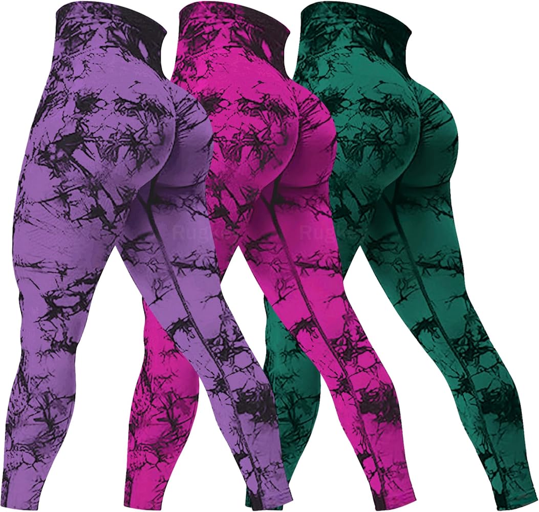 Rugkey Women's 3 Piece Yoga Leggings High Waist Tie Dye Seamless Scrunch Butt Lifting Athletic Booty Pants