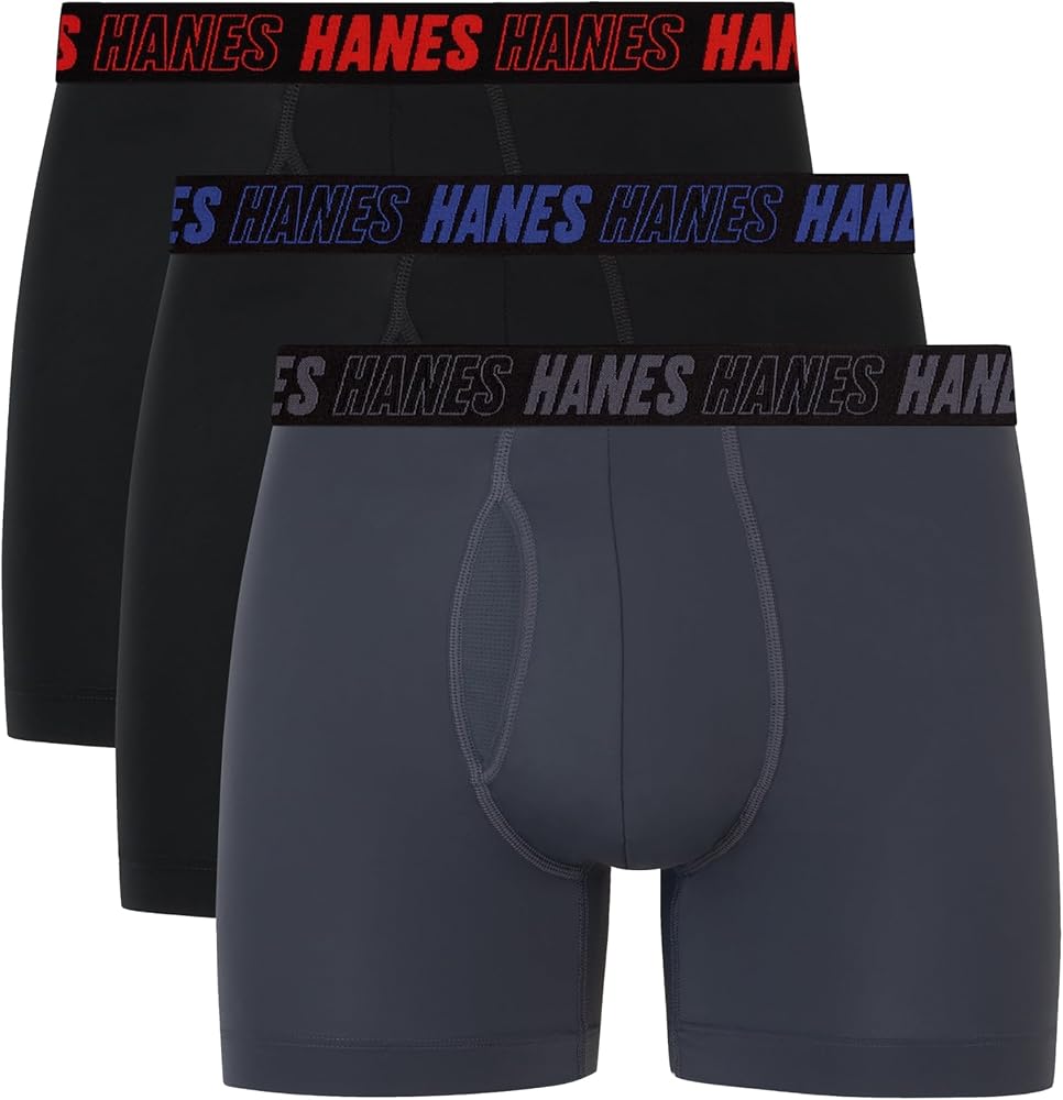 Hanes Men's Moves Performance Boxer Brief, Total Support Pouch, Regular, Trunk, and Long Leg, 3-Pack