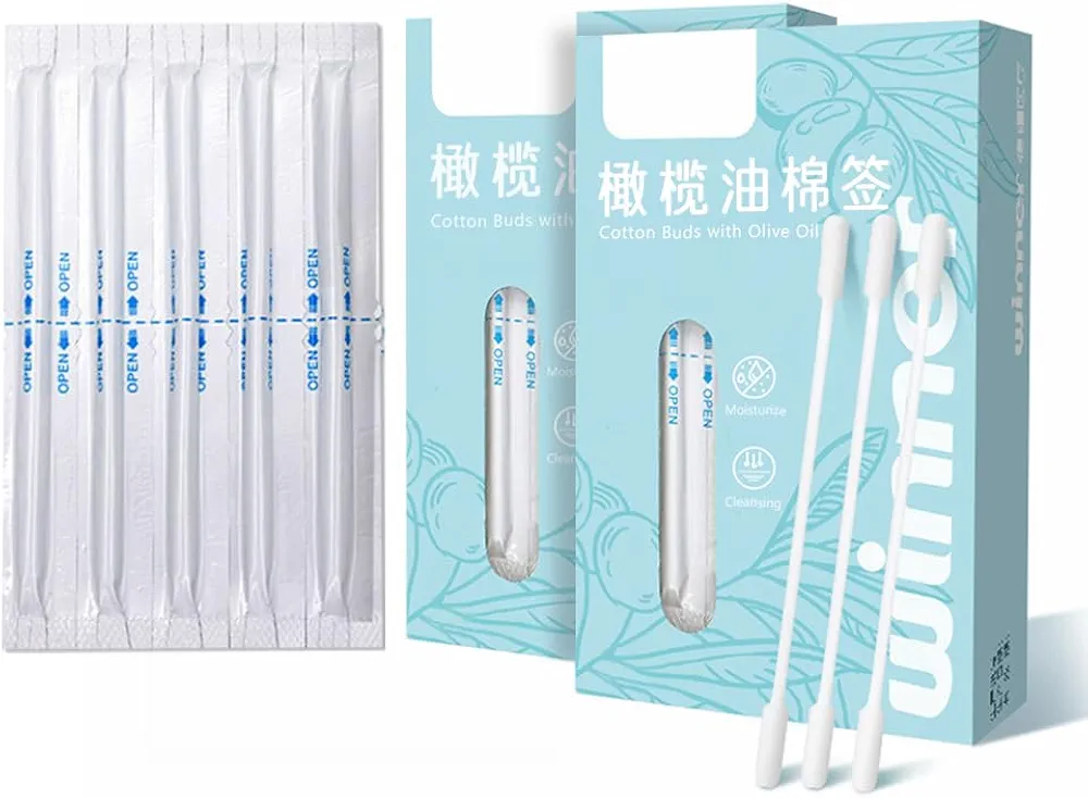 Olive Oil Makeup Remove Cotton Swabs - 100 Pcs Individually Wrapped Content 0.2ml/Pcs - for Dry Skin, Ear Canal Cleaning, Makeup - Degradable Material