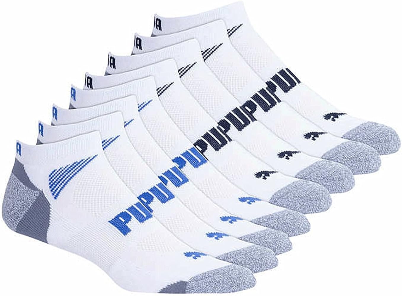 PUMA Mens No show Sport Socks, Moisture Control, Arch Support (8 Pair) (Regular Shoe Size: 6-12, White)