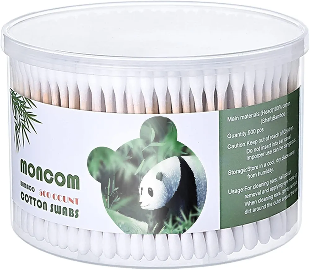 MONCOM Cotton Swabs 500 Count Double Round Thick Tips | Biodegradable Eco-Friendly Strong Wooden Sticks Cotton Swabs For Ears | Firm Qtips cotton swabs | Natural Cotton Buds, 3 inch, One Small box