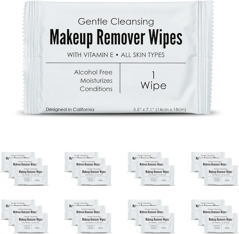 Bulk Makeup Remover Wipes | 50 Count | Individually Wrapped, Gentle Cleansing, Alcohol Free - All Skin Types - Vitamin E - 100% Recyclable, Hotel Travel Size Toiletries