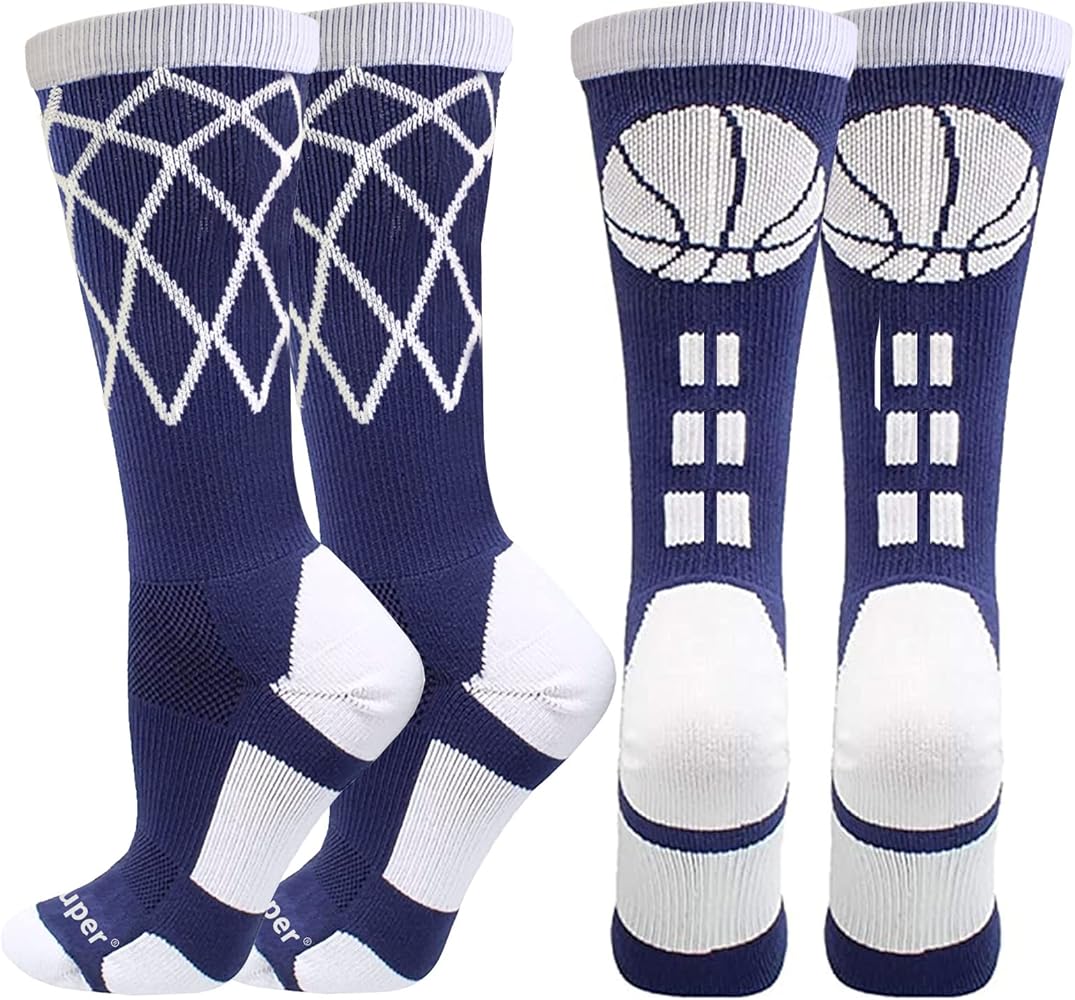 Youper Elite Basketball Socks with Basketball Logo & Net (2 Pairs), Athletic Crew Socks for Men, Boys, Women & Girls