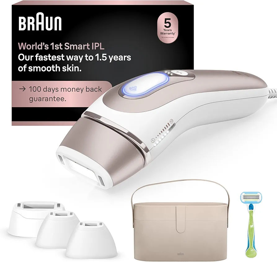 Braun IPL Skin i·expert, at Home Laser Hair Removal, Holiday Gifts for Women and Men with Free App, Vanity Case, Venus Razor, 4 Smart Heads, PL7387