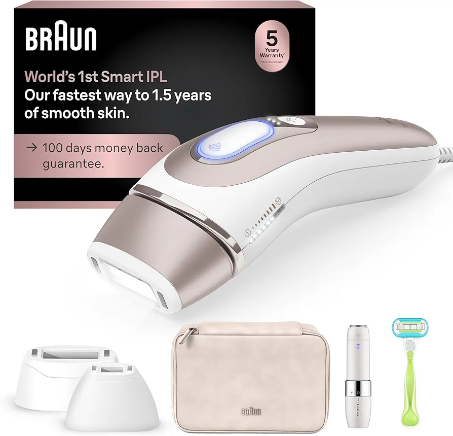 Braun IPL Skin i·expert, at Home Laser Hair Removal, Holiday Gifts for Women and Men with Free App, Vanity Case, Venus Razor, 2 Smart Heads, Facial Trimmer