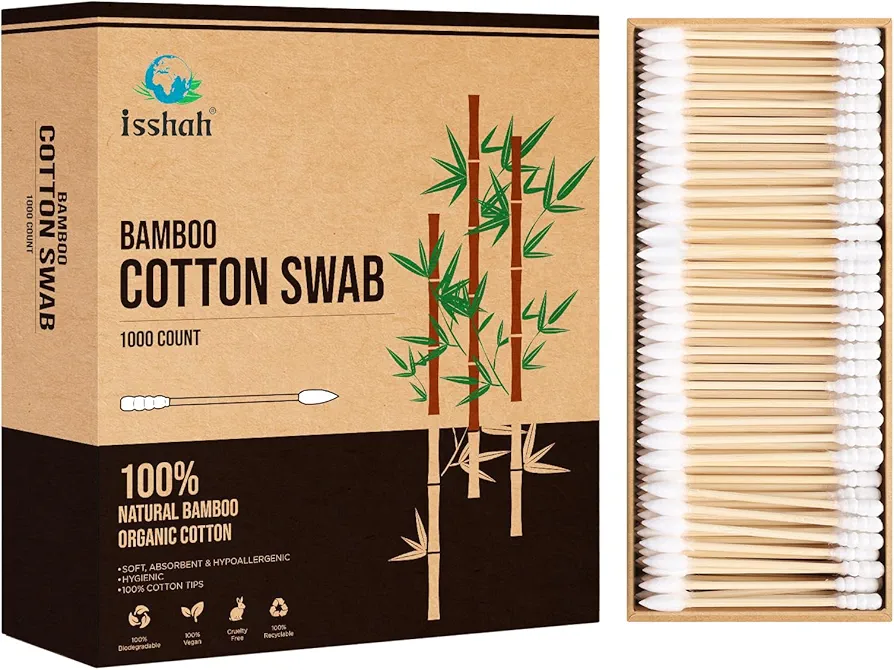 Bamboo Cotton Swabs - 1000 Count - Pointed & Spiral Heads- 100% Biodegradable Cotton Buds | Natural & Sustainable Makeup Remover | Organic Cotton Heads | FSC Certified and PETA Approved.