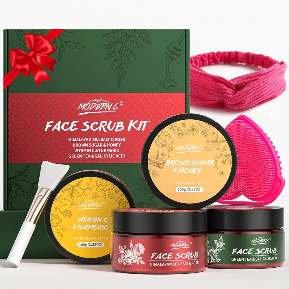 Face Scrub Gift Set Exfoliating Face Wash Microdermabrasion Facial Scrub Exfoliator Turmeric Vitamin C, Brown Sugar Honey, Green Tea Salicylic Acid, Himalayan Salt Rose Christmas Birthday Gifts 4x100g