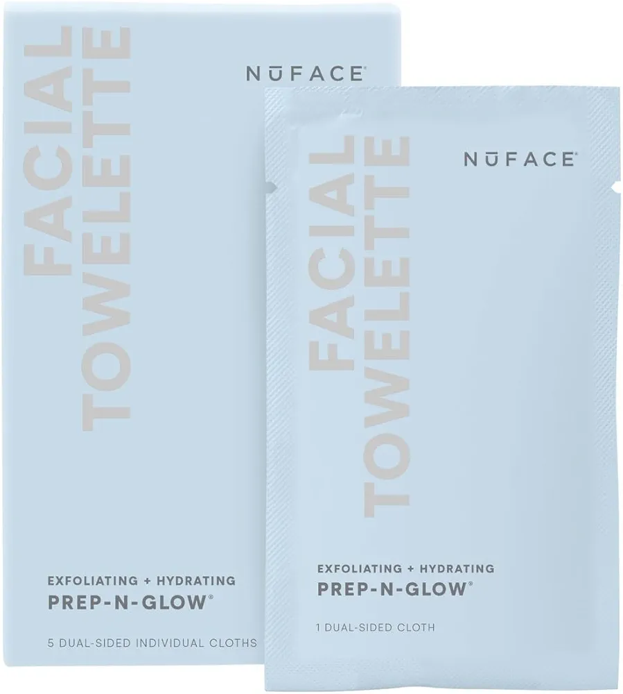 NuFACE Prep-N-Glow Facial Towelettes - 2-in-1 Exfoliating + Cleansing Makeup Remover Wipes, Hyaluronic Acid Travel Face Wipes to Hydrate & Brighten for Glowing Skin - 5 Individually Wrapped Cloths