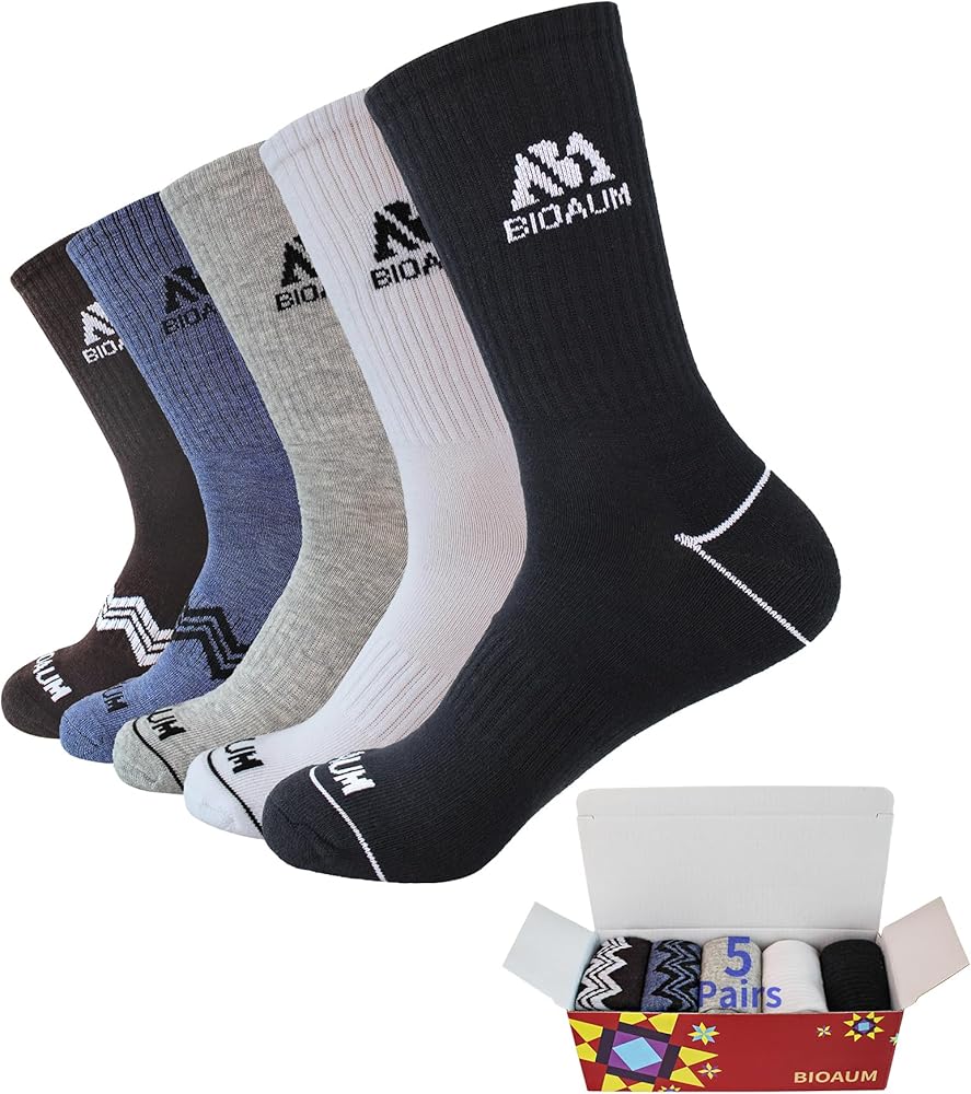 BIOAUM Men's Cushioned Crew Socks 5-6 Pairs Hiking Work Running Athletic Cotton Sports Wicking