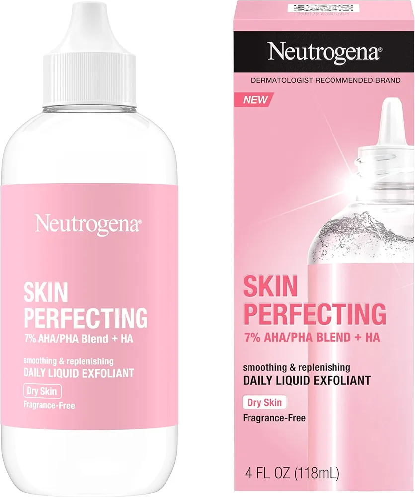 Neutrogena Skin Perfecting Daily Liquid Facial Exfoliant with 7% AHA/PHA Blend + HA to Smooth, Exfoliate & Replenish Dry Skin, Leave-On Face Exfoliator, Oil- & Fragrance-Free, 4 fl. oz