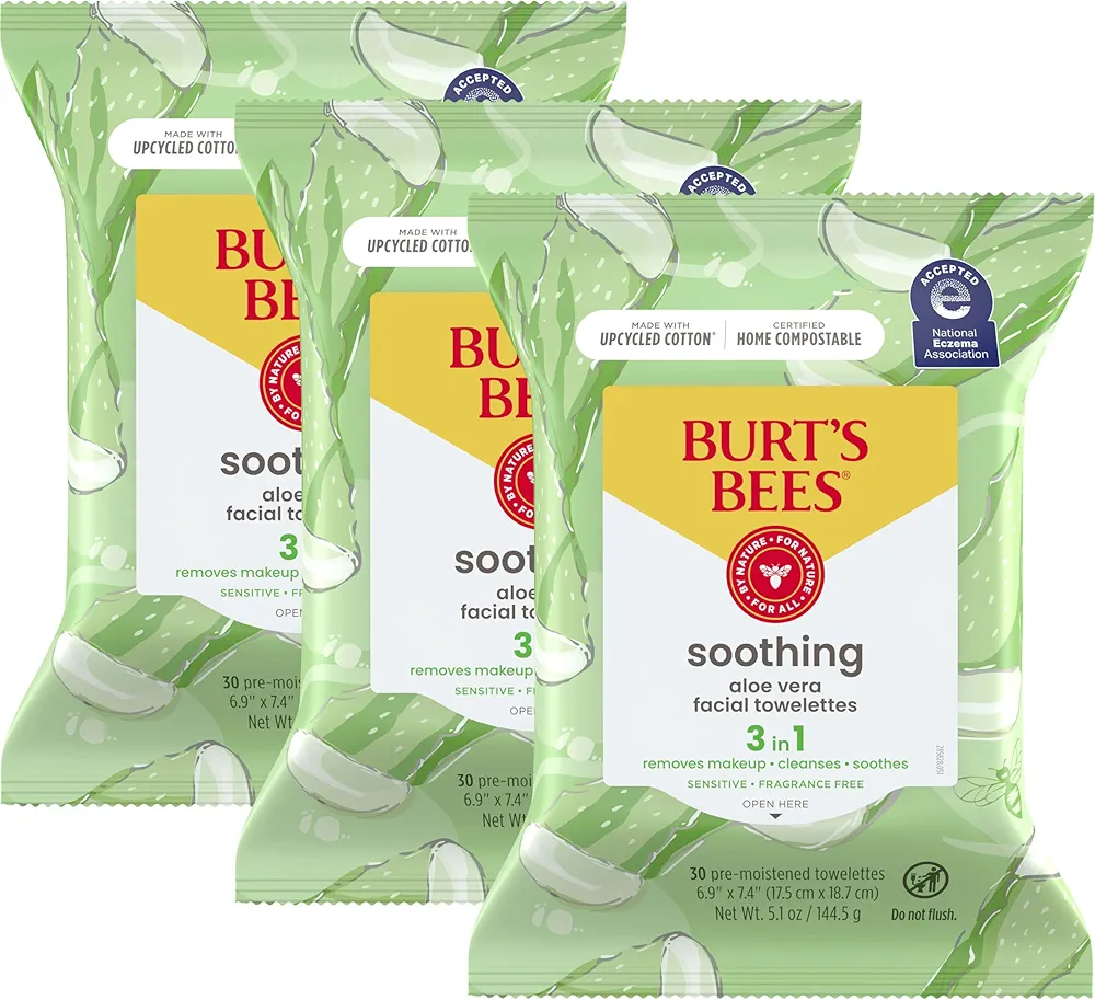 Burt's Bees Stocking Stuffers, Aloe Vera Face Wipes, for Sensitive Skin, Soothing Makeup Remover & Facial Cleansing Towelettes Christmas Gifts, 30 Ct. (3-Pack)