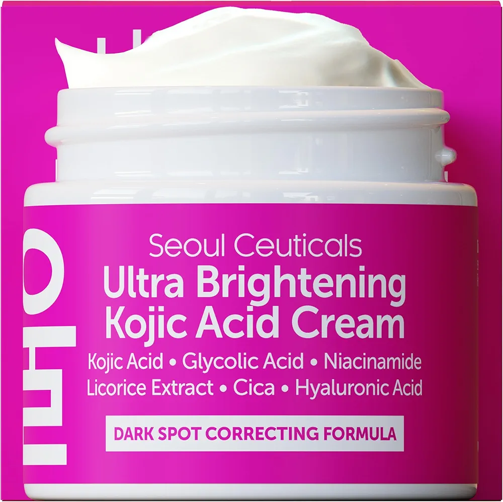 SeoulCeuticals Korean Kojic Acid Cream Dark Spot Remover + Glycolic Acid + Niacinamide + Cica + HA Moisturizer - Cruelty Free K Beauty Skincare 2oz