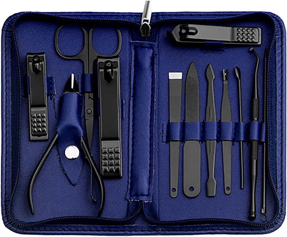 Nail Kit, Manicure Kit, Nail Care Kit For Men, Manicure Pedicure Set, Nail Clippers Toenail Clippers Kit, Professional Manicure Kit Pedicure Kit, Blue Travel Case, Set of 12.