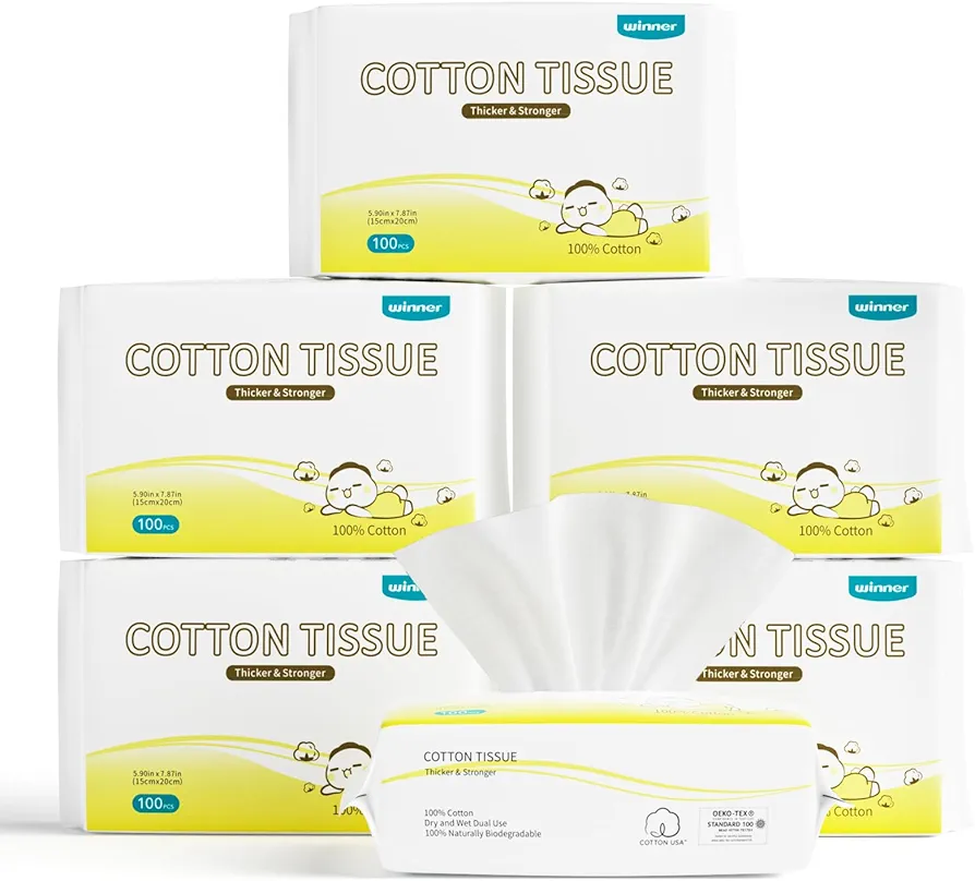 Winner 100% USA Cotton Dry Wipes | 600 Count Ultra Soft Face Towels | Wet and Dry Use | Unscented and Hypoallergenic | Baby Necessities for Diaper Changes, Meals, and On-the-go Cleanup