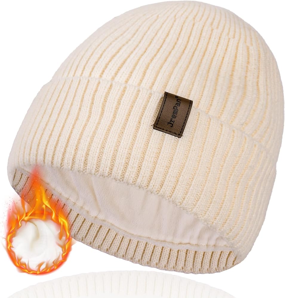 Beanie for Men Women Warm Winter Knit Hat Skull Cap Fleece Lined Cuffed Beanie with Leather Label for Skiing