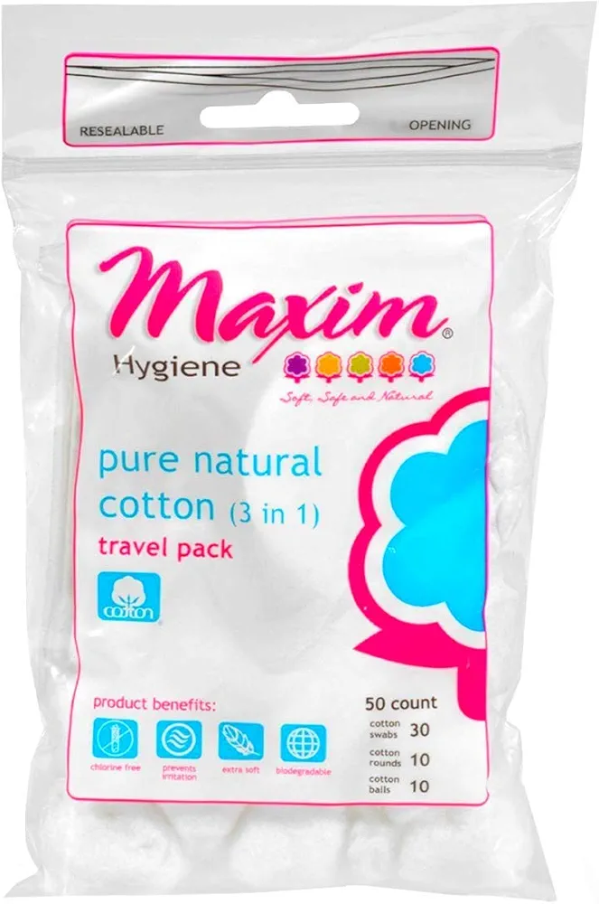 Maxim Natural Cotton Travel Pack, 400ct, Combo (3-in-1, Balls/Rounds/Swabs), No Chlorine/Dioxin, Biodegradable, Hypoallergenic, Gentle Touch, with Paper Stick Swabs, Combo Pack 1 Pack of 50