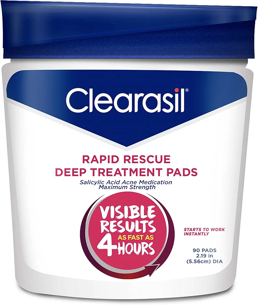 Clearasil Rapid Rescue Deep Treatment Acne Face Pads, Maximum Strenght with 2% Salicylic Acid Acne Treatment Medicine, 90 Count